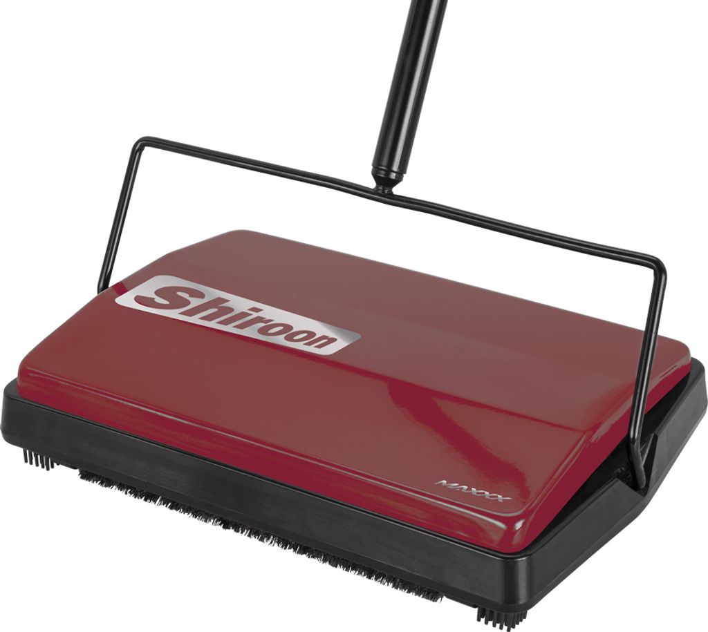 A red mechanical broom with a black handle and base, shown from a slightly elevated angle against a white background.