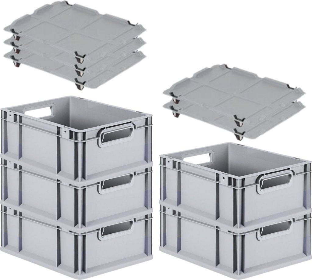 SparSet 5x Eurobox NextGen Economy mit Auflagedeckel und 4x Schiebeschnappverschlüsse Schwarz | Griffe offen | HxBxT 17x30x40cm | 16 Liter | Eurob...
