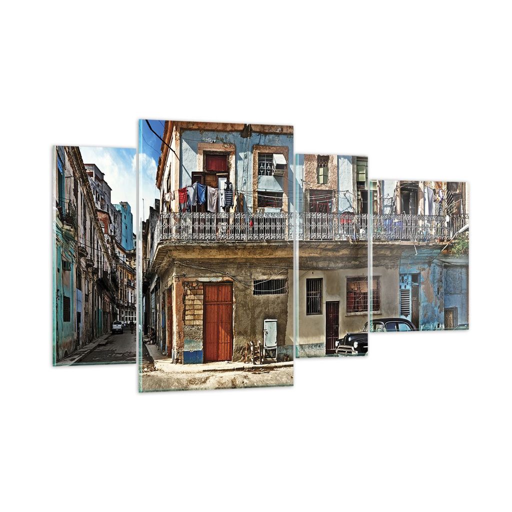 Bilder auf glas - 4 Teile - Kuba Havanna Balkon - 120x70cm - Glasbilder - Wandbilder - Bilder - zum Aufhängen bereit - Wanddekoration aus Glas - G...