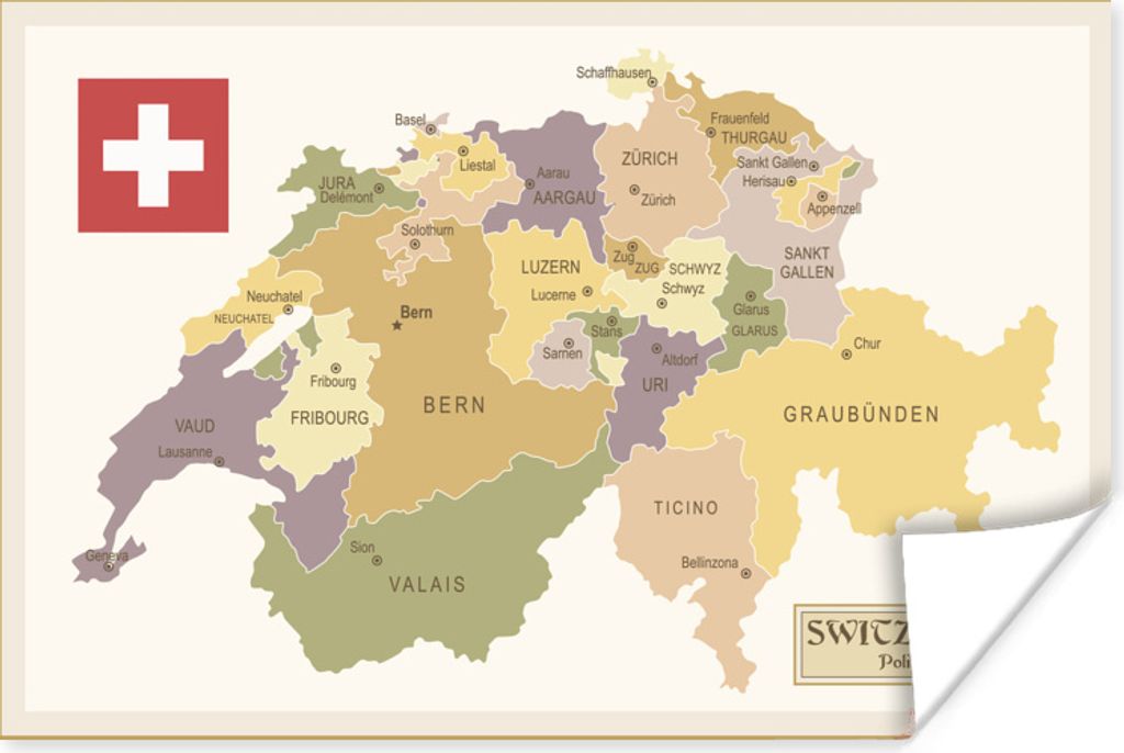 MuchoWow Poster Politische Karte der Schweiz 30x20 cm - Plakate - Print
