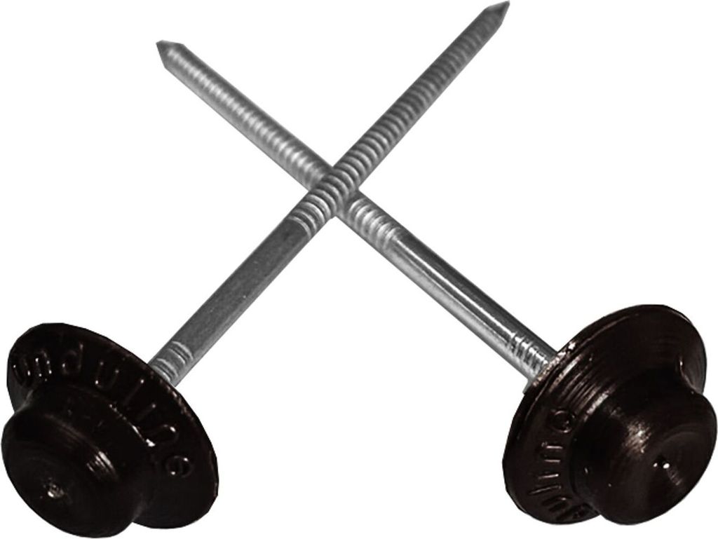 Two roofing nails with black, wide heads are crossed against a white background.