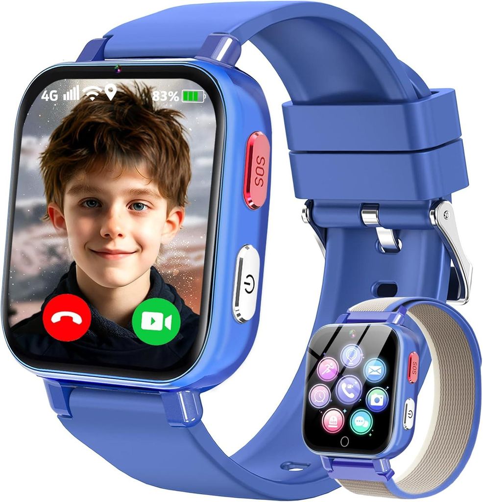 Kinder Smartwatch mit 4G, Videoanruf, GPS-Ortung, SOS, Schulmodus, Schrittzähler & Spielen