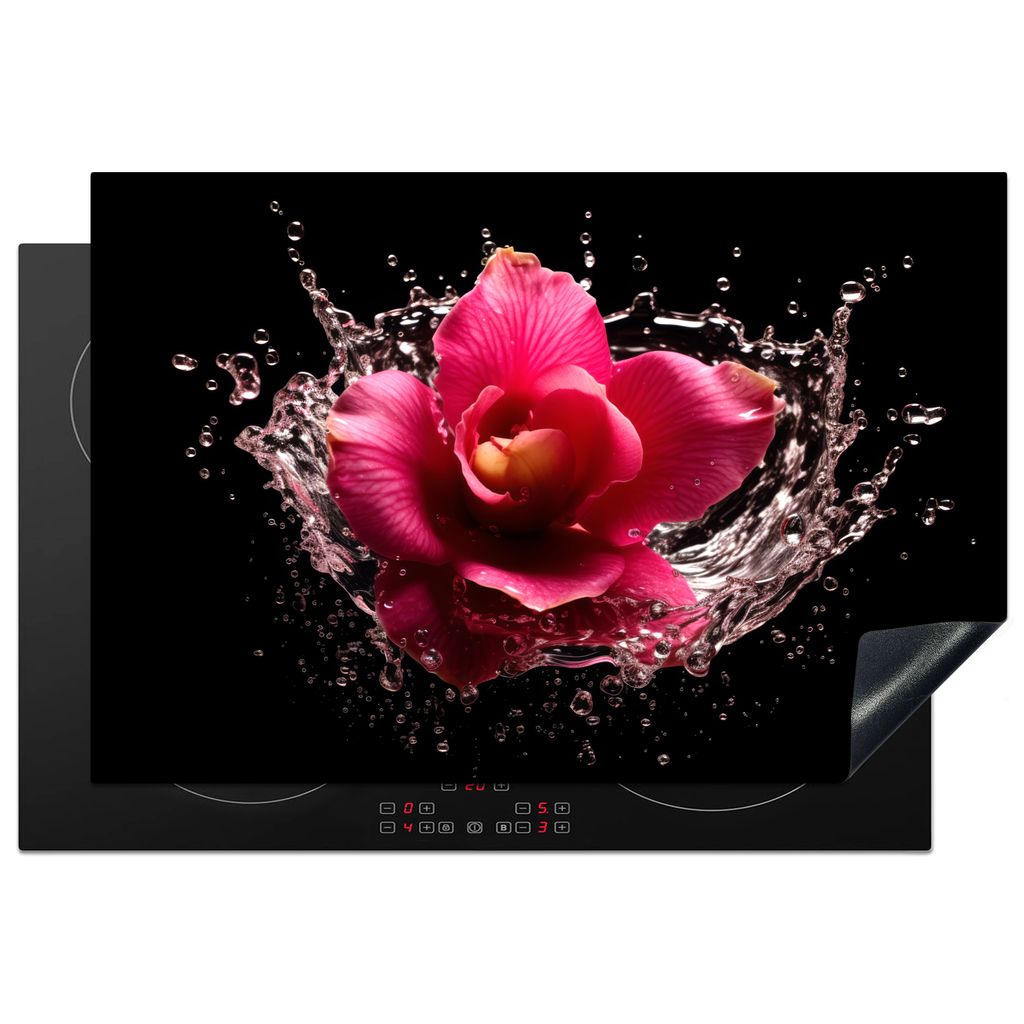 KitchenYeah Herdabdeckplatte Blumen - Rosa - Wasser - Schwarz - Botanisch - Natur , 76x51cm, Küche Deko, Glaskeramikkochfeld Herdabdeckung, Abde...