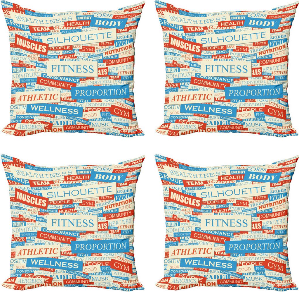 ABAKUHAUS Fitness Kissenbezug Set (4 Stück), Wörter Collage Körperpflege, Moderner Doppelseitiger Digitaldruck, 60 cm x 60 cm, Sky Blue Weiß Rot