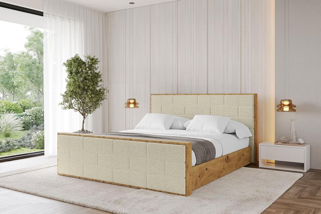 ALTDECOR Polsterbett mit Bettkasten - ENZO8-Z - 140x200 Beige- Bett mit Kopfteil und Fußteil, Boxbett ohne Matratze, Doppelbett mit Stauraum