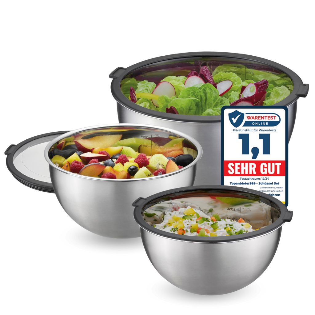 TOPANBIETER 999 Premium Edelstahl Schüssel Set 3 Stück mit Deckel-Frischhalteschüsseln 6-teilig, Rührschüssel luftdichte Aufbewahrungsdeckel s...
