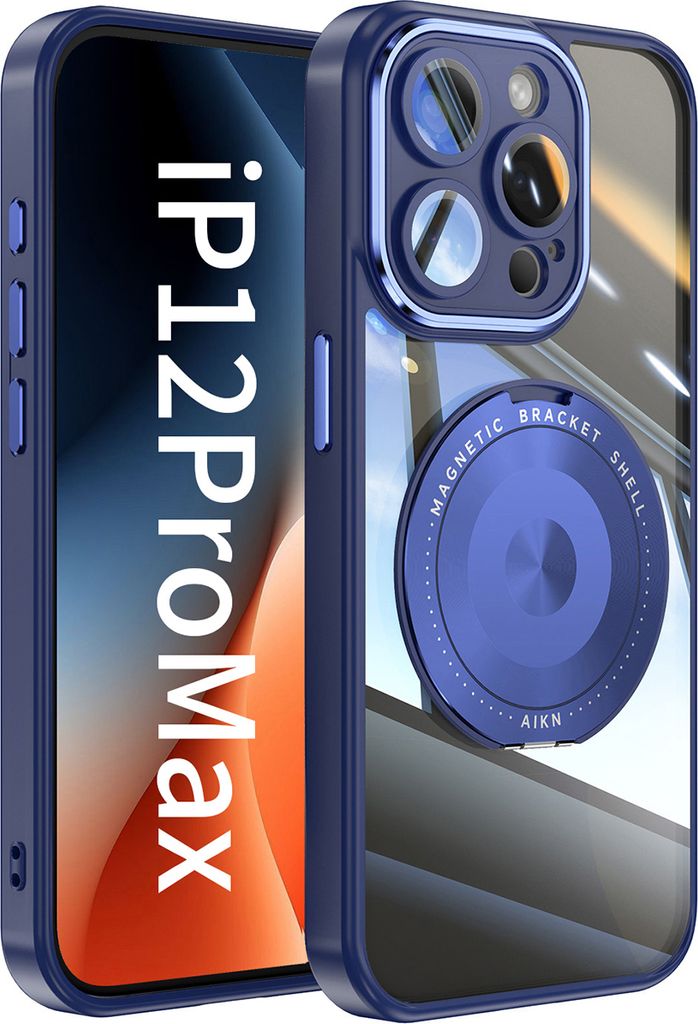 Handyhülle für iPhone 12 Pro Max Transparent Militärschutz mit Magnetring Ständer und Kameraabdeckung Blau
