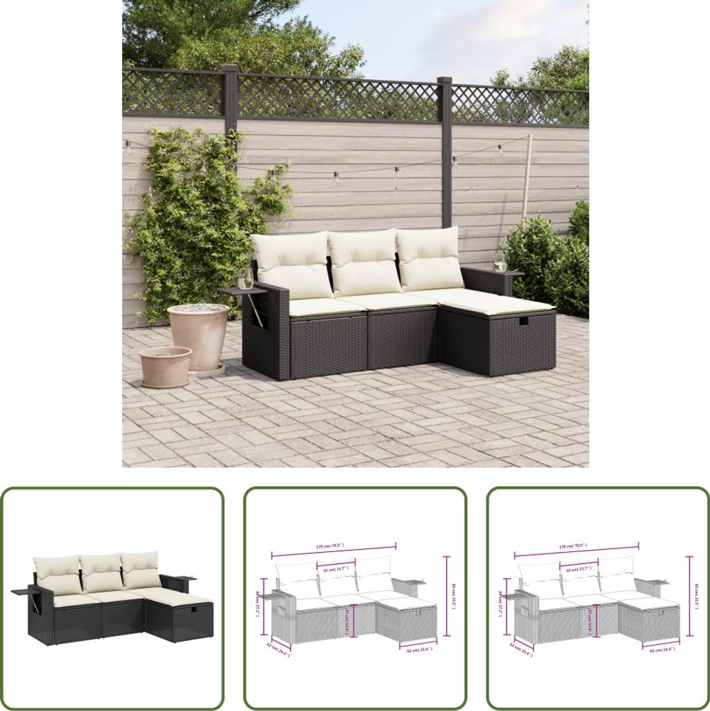 The Living Store 4-tlg. Garten-Sofagarnitur mit Kissen Schwarz Poly Rattan