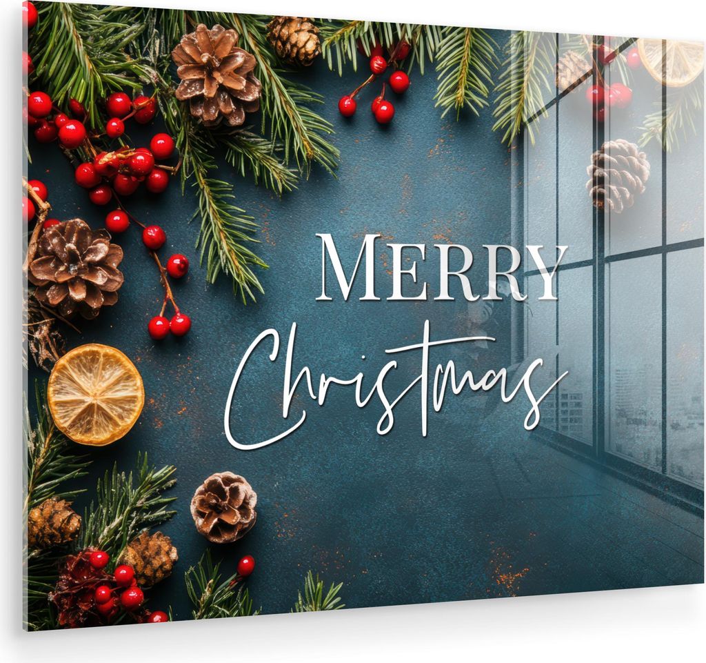 MuchoWow Glasbilder - Bilder auf Wandbild - Foto auf Glas Frohe Weihnachten - Blau - Weihnachten - Winter 80x60 cm Wanddekoration aus Glas - Acrylg...