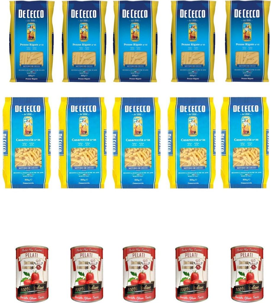 5x De Cecco Casareccia n.88 500G + 5x De Cecco Penne Rigate n. 41 + Italian Gourmet 100% italienische geschälte Tomaten dosen 5x 400g