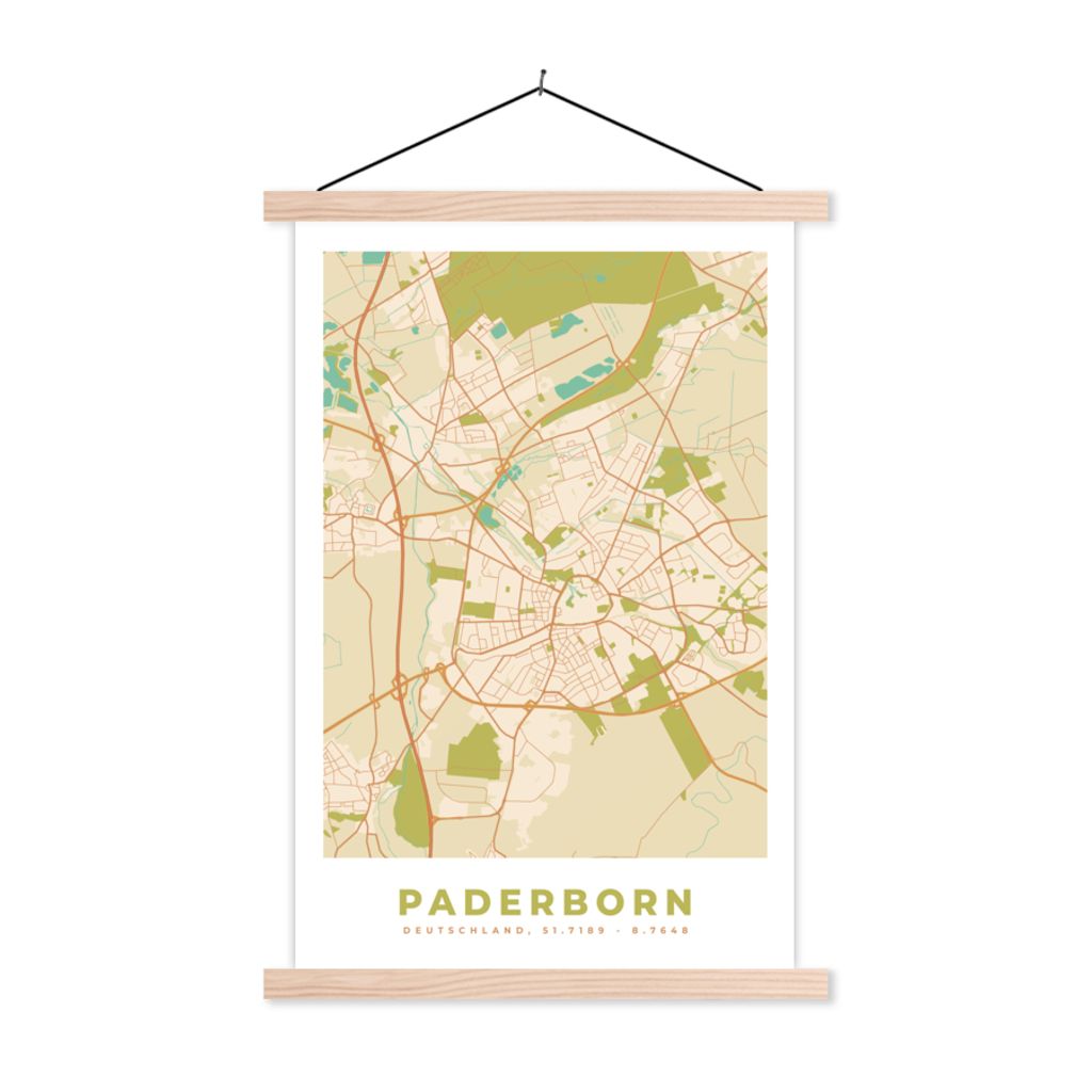 MuchoWow Textilposter Jahrgang - Paderborn - Karte - Stadtplan 60x90 cm mit holzfarbenen Rahmen - Textil