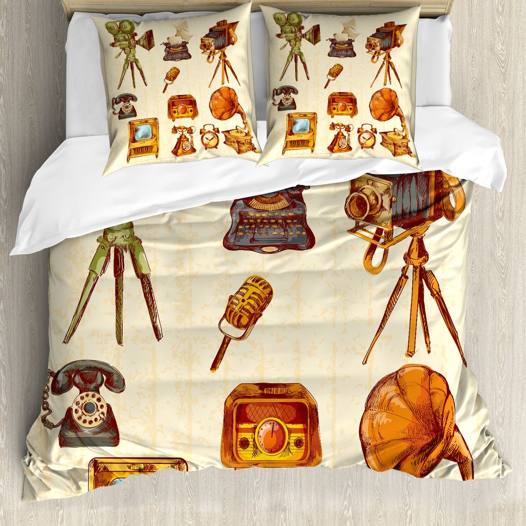 ABAKUHAUS Jahrgang Bettbezug, Retro Alte Technik, Milbensicher Allergiker geeignet mit Kissenbezügen, 200 cm x 200 cm - 80 x 80 cm, Sahne und Pale...