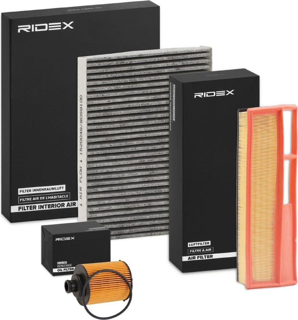 RIDEX Filterset Inspektionspaket Filtersatz für FORD KA (RU8) FOCUS III Stufenheck für FIAT PANDA (169) 500 (312) GRANDE PUNTO (199) 500 C (312)