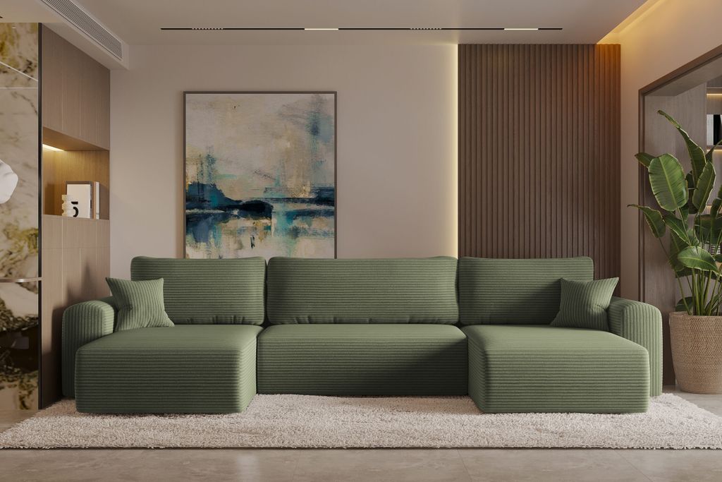 Kaiser Möbel Ecksofa mit schlaffunktion und bettkasten, Sofa U-form, Couch U-form CAPRI Poso Hellgrün