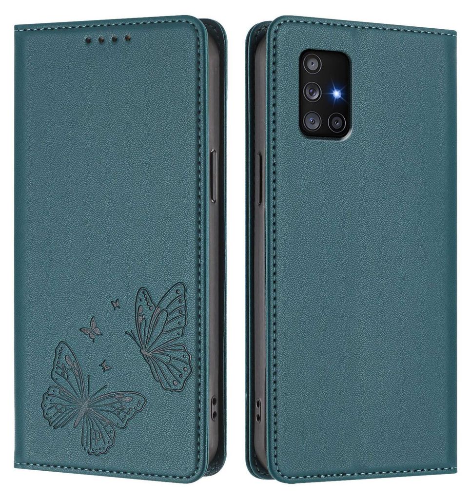 Lederhülle für Samsung Galaxy A71 4G, Schmetterling Prägung Leder Brieftasche Schutzhülle mit Ständer Grün