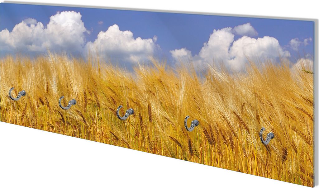Wallario Flurgarderobe Wandgarderobe aus Glas, mit 5 Haken, Größe 80 x 30 cm, Motiv Kornfeld unter blauem Himmel