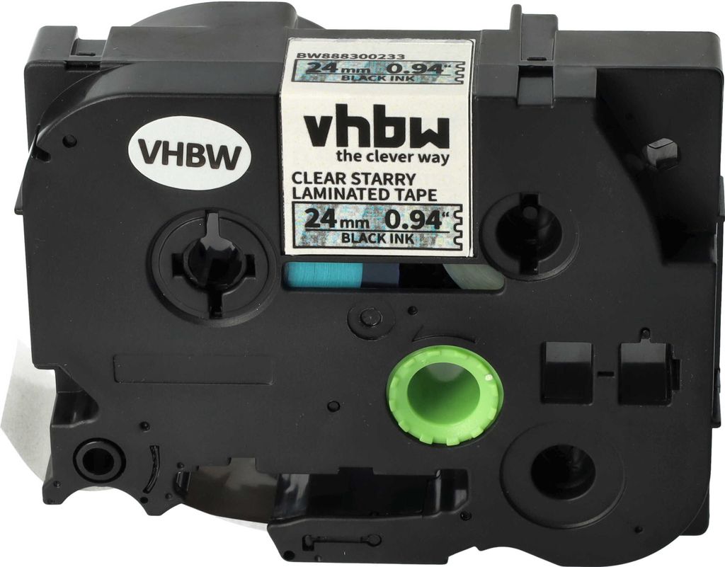 vhbw Schriftband-Kassette kompatibel mit Brother PT E550W, E500, RL700S Etiketten-Drucker 8m x 24mm Schwarz auf Transparent (Glitter), Laminiert