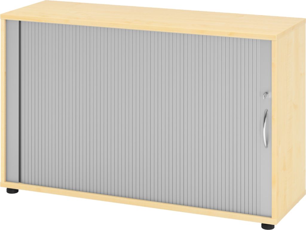 bümö Rollladenschrank office - 2 Ordnerhöhen - Nachbildung Ahorn/Silber, Griff: Bogengriff (Metall)