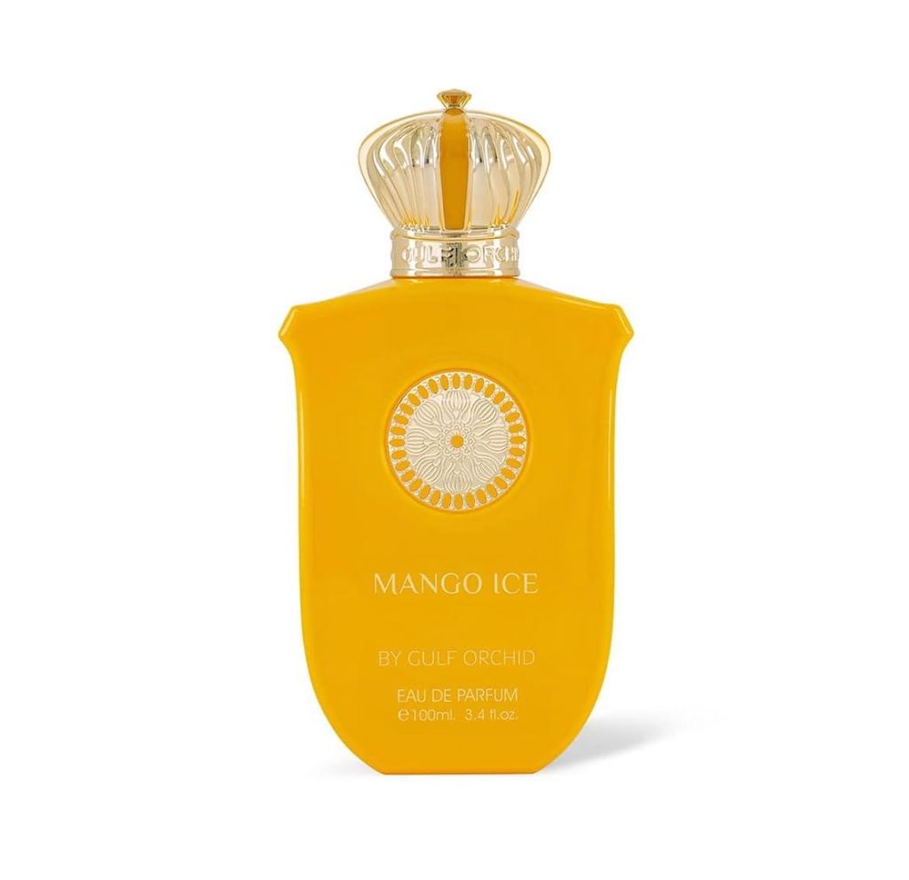 A yellow perfume bottle with a gold crown-shaped cap, set against a white background.
