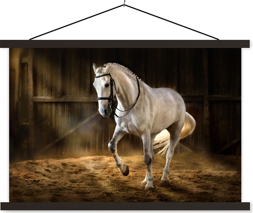 MuchoWow Textilposter Pferd - Licht - Heu - Stall 60x40 cm mit schwarzem Rahmen - Hölzernes