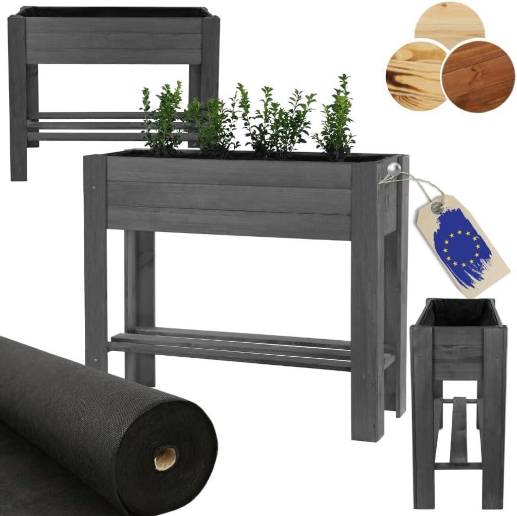 MODO24 Hochbeet Holz, Ablagefach, Pflanzkübel auf Beinen, Pflanzkasten, Kiefer, Wetterfest, Balkon, Garten, 80x34x78 cm, Grau Imprägniert, ZE1