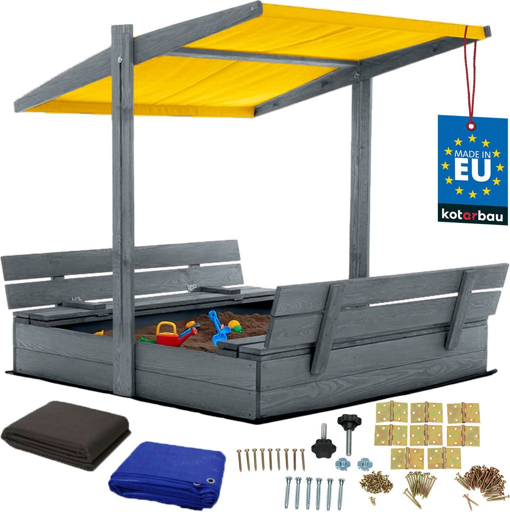 KOTARBAU Sandkasten mit Abdeckung 120 x 120 cm Großer Grau Holzsandkasten mit Gelb Dach Sandkasten mit Deckel Sandkasten mit Dach Gartenspielzeu...
