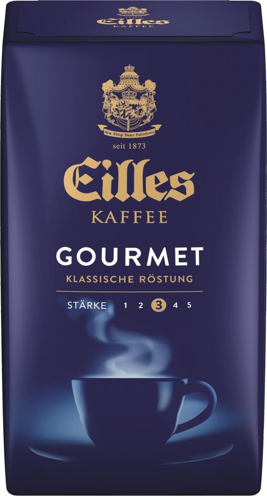 A bag of Eilles Kaffee Gourmet Café coffee beans with a steaming cup of coffee depicted at the bottom.