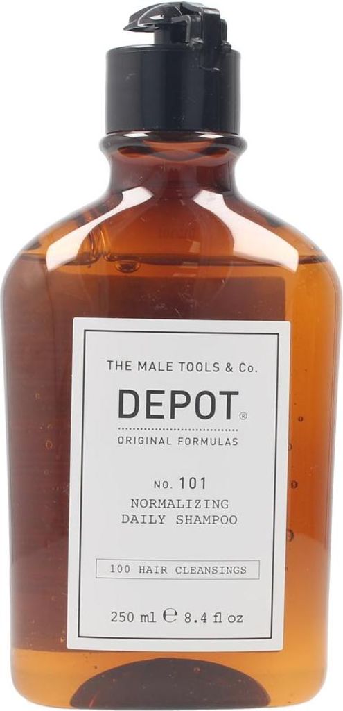 A brown bottle of Depot No. 101 Normalizing Daily Shampoo with a white label.