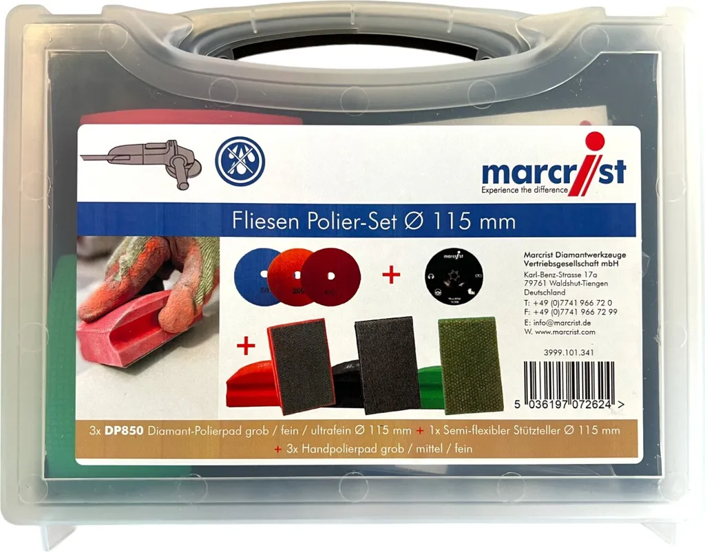 Polissage carrelage sans éclats : Kit Marcrist 115mm avec pads et étui