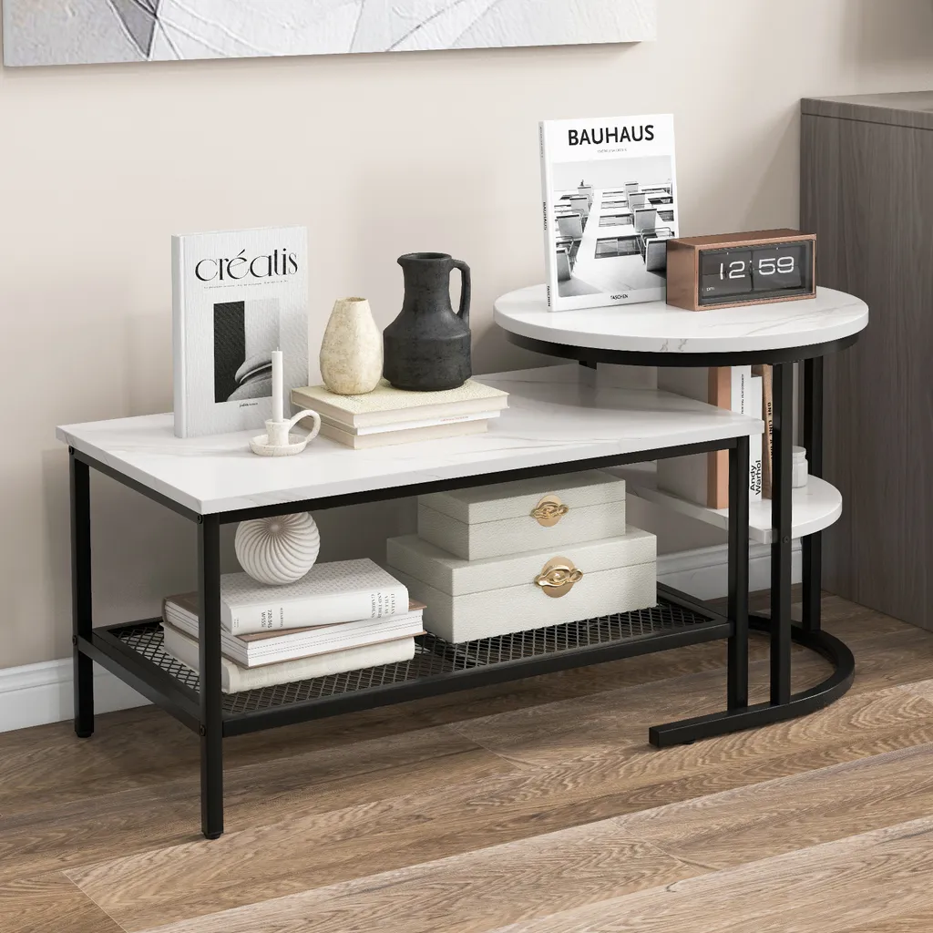 Table basse avec étagère de rangement et plateau marbre lot de 2 pièces