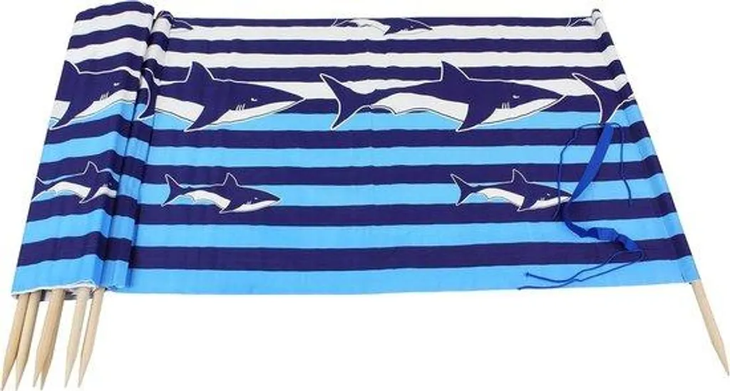 Parasol de plage 1,8m blanc et bleu marine motif requin avec bandoulière