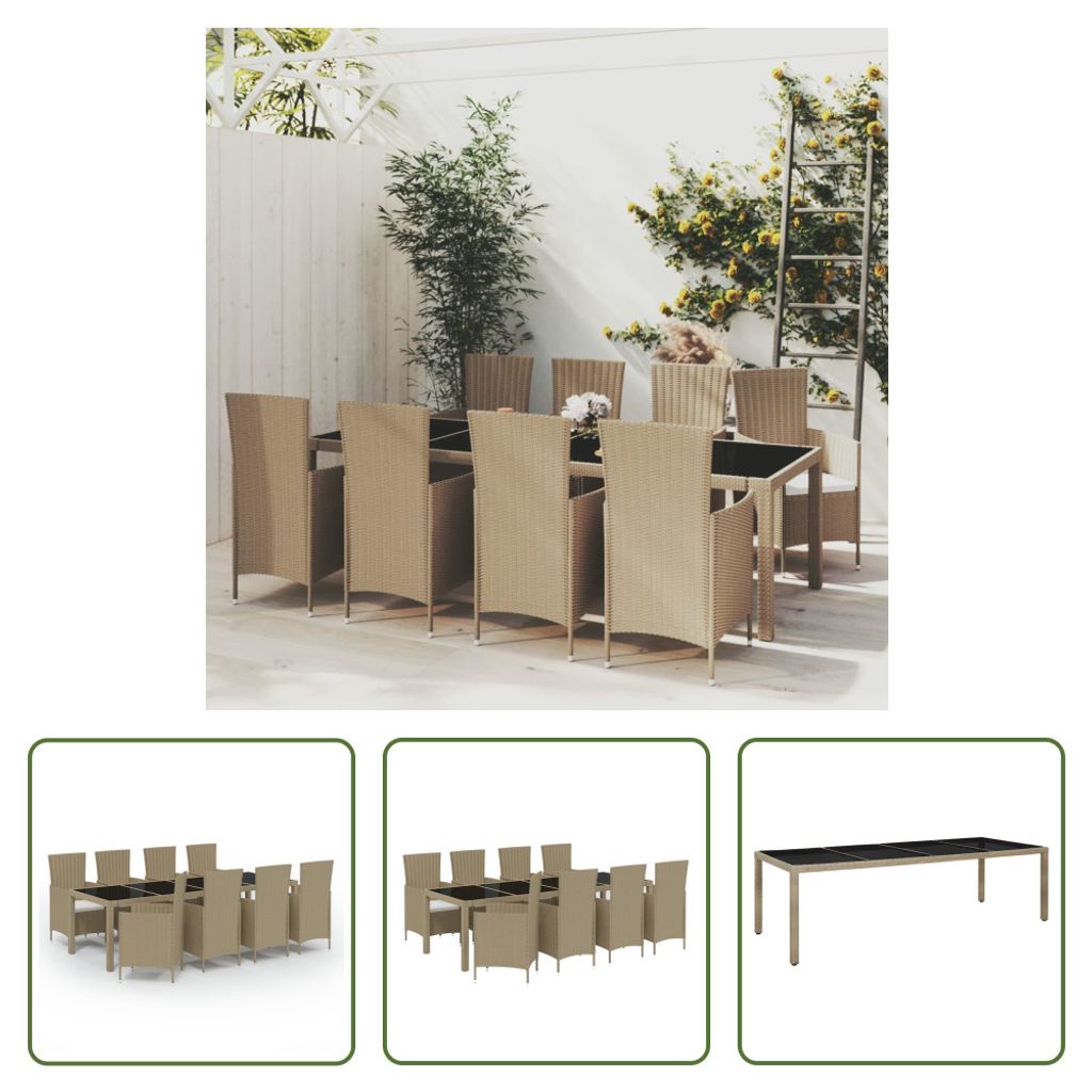 The Living Store 9-tlg. Garten-Essgruppe mit Kissen Poly Rattan Beige
