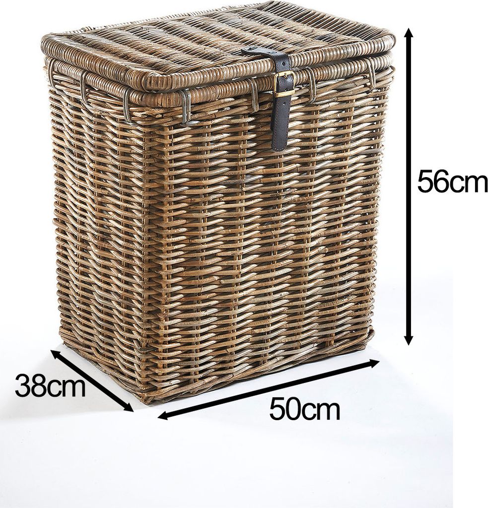 A wicker laundry basket with dimensions indicated.