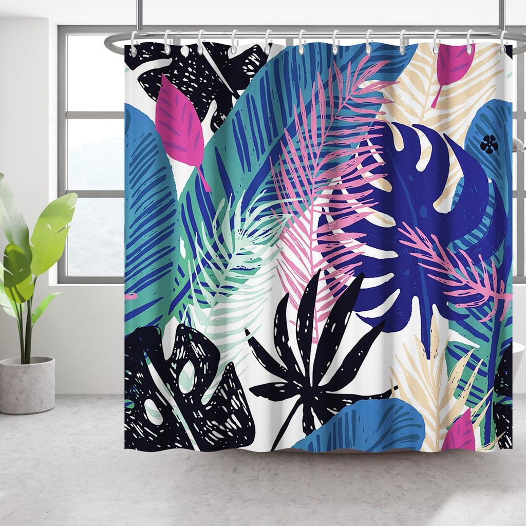 Abstrakter Duschvorhang mit Pflanzenmotiv, 152 x 183 cm, Aquarell, böhmische Tropenpflanzen, Mid-Century-Stil, wasserdicht, waschbar, aus Polyeste...