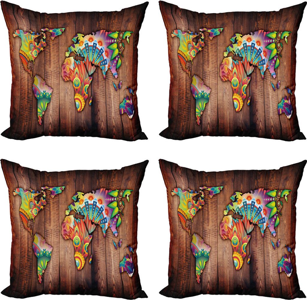 ABAKUHAUS Floral Weltkarte Kissenbezug Set (4 Stück), Karte auf Plank, Moderner Doppelseitiger Digitaldruck, 60 cm x 60 cm, Mehrfarbig