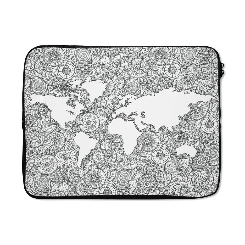 MuchoWow Laptop Hülle 17 Zoll Laptoptasche Weltkarte - Muster - Schwarz und weiß - Zipper - Schutzabdeckung