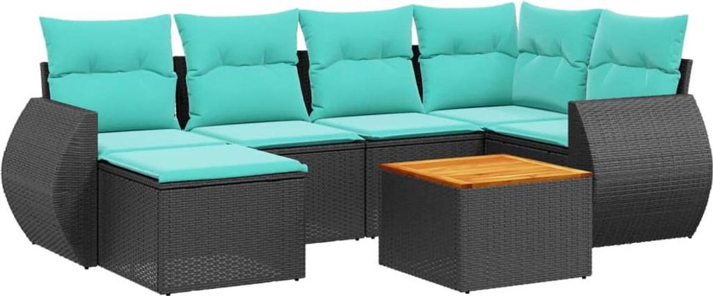 7-teiliges Gartensofa-Set mit Kissen, schwarzes Polyrattan