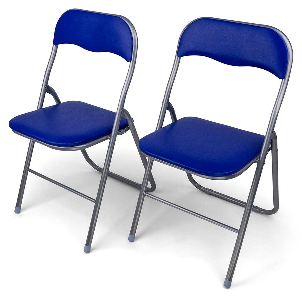 Klappstühle 2er Set, gepolstert mit Metallrahmen und Kunstleder, platzsparend, bis 100 kg belastbar, geeignet für Küche und Garten, Silber-Blau