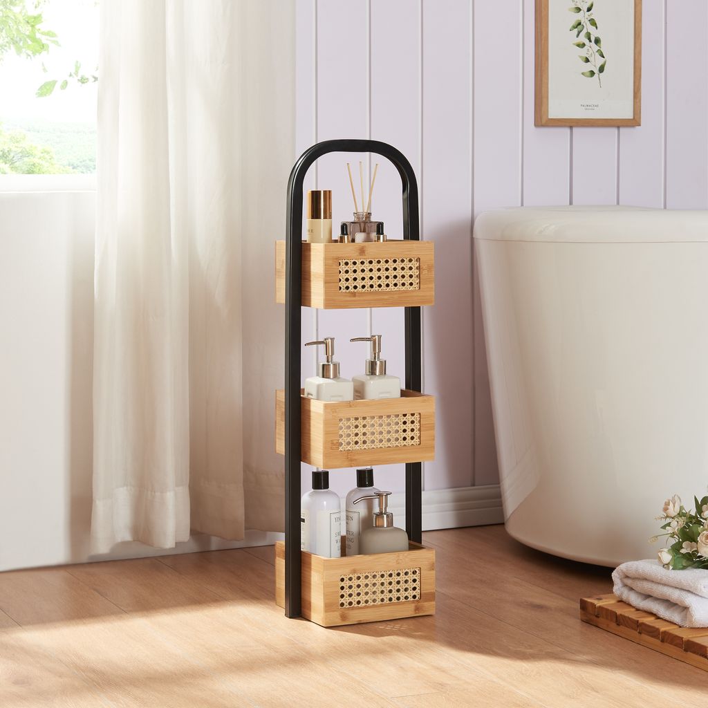 Badezimmerregal ‘Tervola‘ mit 3 Ablagekörben 73 x 23 x 19 cm Metallgestell Schwarz / Bambus