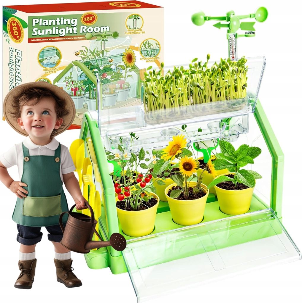 A child is shown with a mini-greenhouse kit, holding a watering can.
