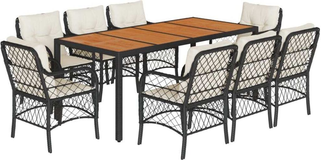 9-tlg. Garten-Essgruppe mit Kissen Schwarz Poly Rattan