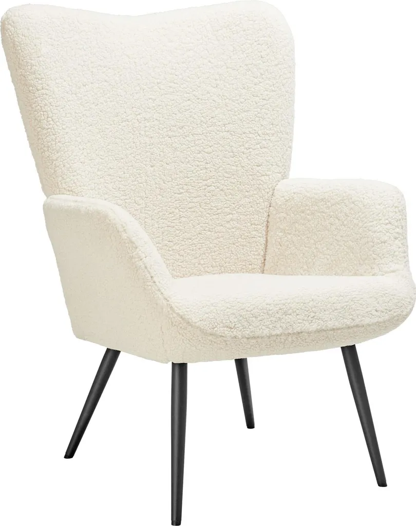 Fauteuil Hygge rembourré en tissu bouclé crème et pieds noirs 150 kg