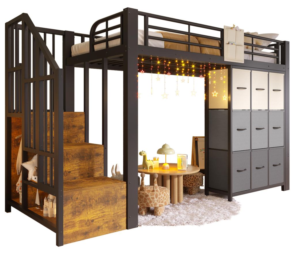 Hochbett mit Aufbewahrungs, Lattenrost und Taschen, Treppe mit Regal und Kleiderschrank, 90x200 cm, Kinderbett mit Rausfallschutz, Metallbett