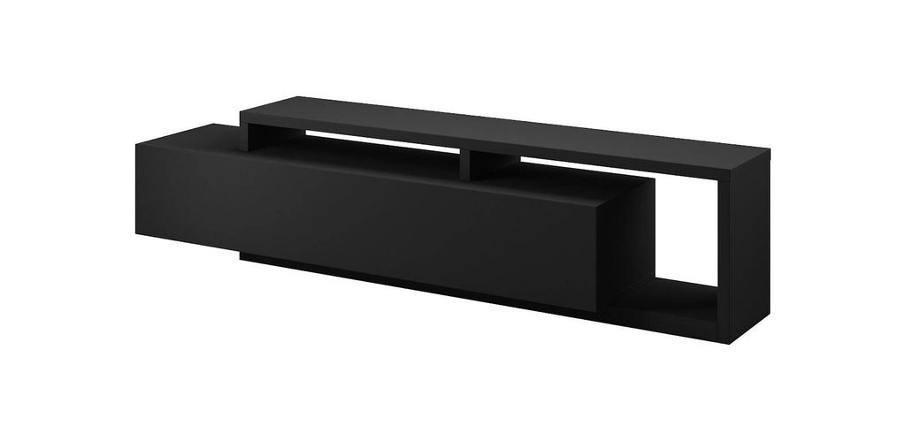 A black TV stand on a white background.