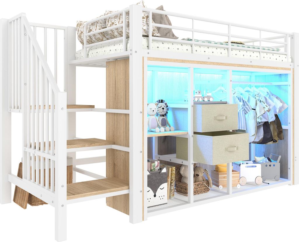 Hochbett mit Kleiderschrank, LED-Streifen, Lattenrost, Produktbild 