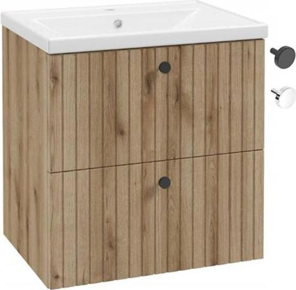 Badezimmerschrank mit Waschbecken 60 cm evoke Eiche geriffelte Lamellen Rietti