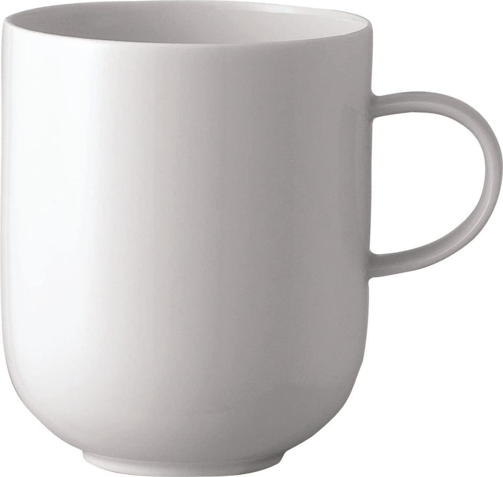 A plain white mug with a handle is shown against a white background.