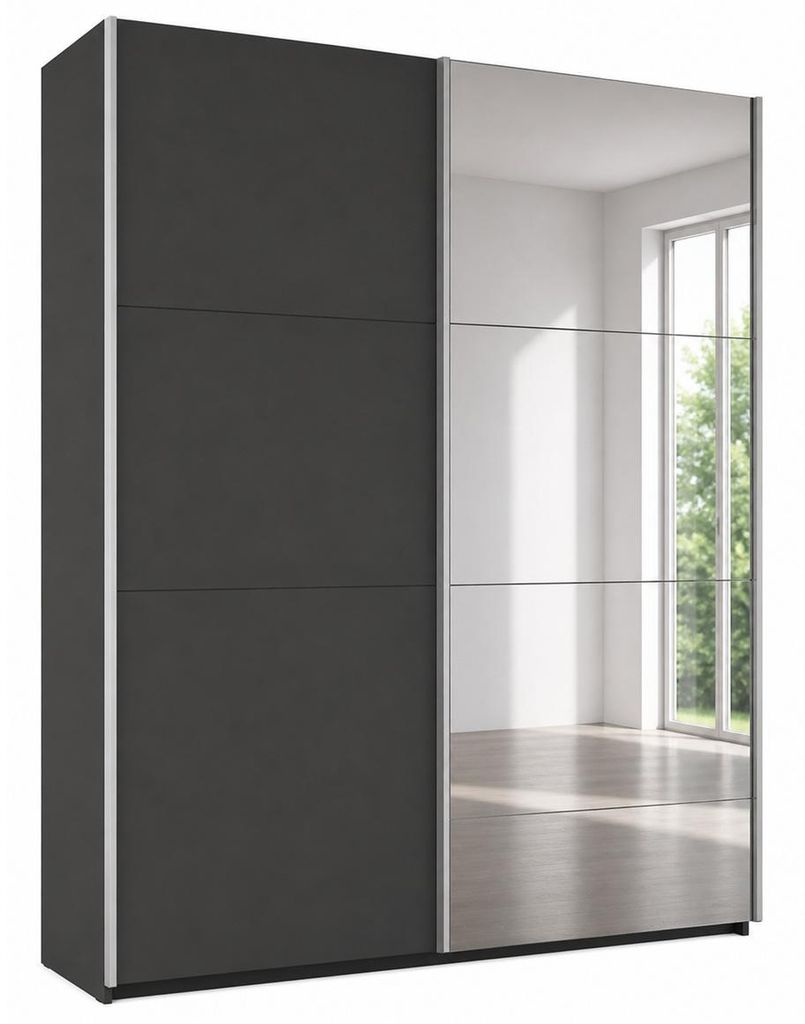 Schwebetürenschrank RODOS 200 cm mit Spiegel – Kleiderschrank modern, großer Schlafzimmer Schrank (Graphit)