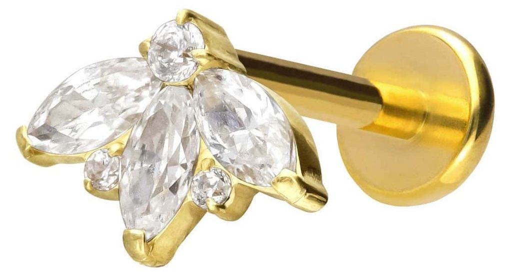 Ohrpiercing, Nasenpiercing Titan Labret mit Push Fit LOTUSBLÜTE Gold Stablänge: 10mm | Stabstärke: 1mm