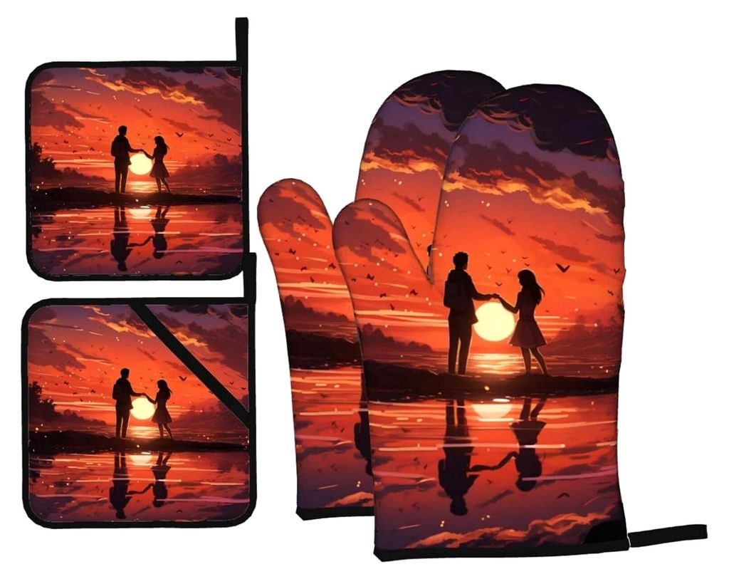 Ofenhandschuhe und Topflappen mit Sonnenuntergang-Motiv, hitzebeständig, rutschfest, wasserdichte Kochhandschuhe für Küche, Backen, Grillen, BBQ